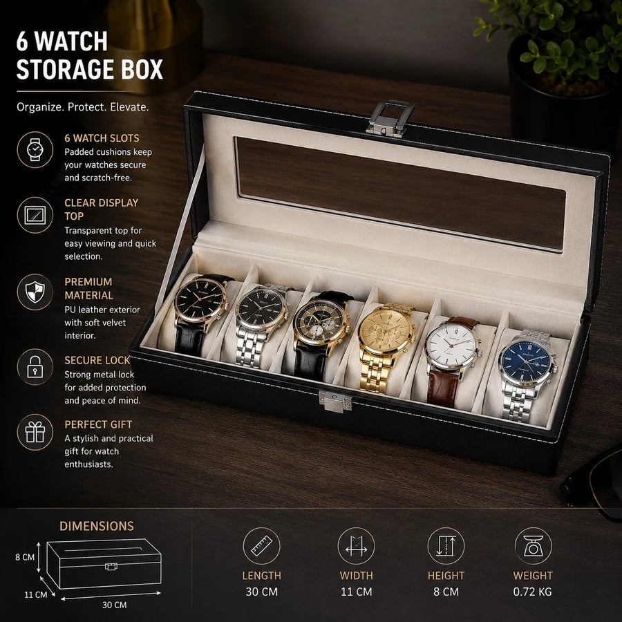 6 Slot Watch Storage Box Watch Organizer Display Case PU Leather Glass Top Luxury Watch Holder Collector Box