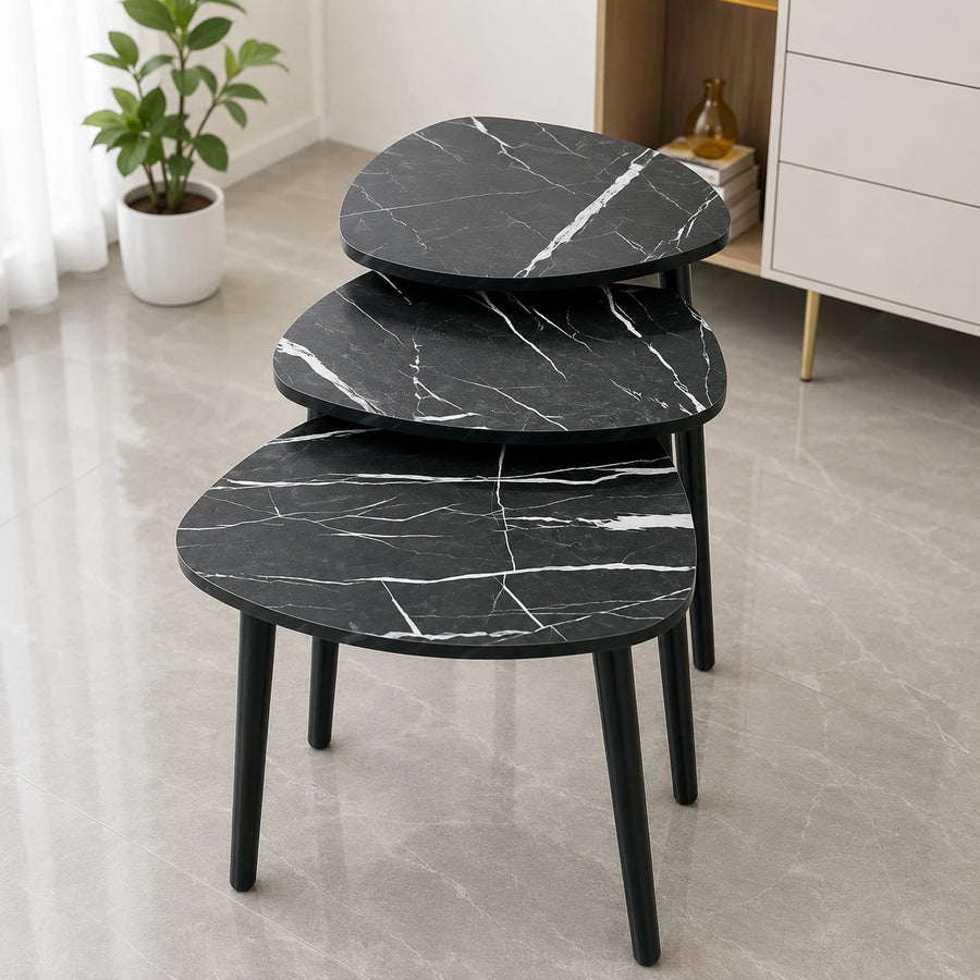 Nesting Side Tables Set of 3 Modern Marble Look Side Tables Coffee Tables End Tables with Wooden Legs