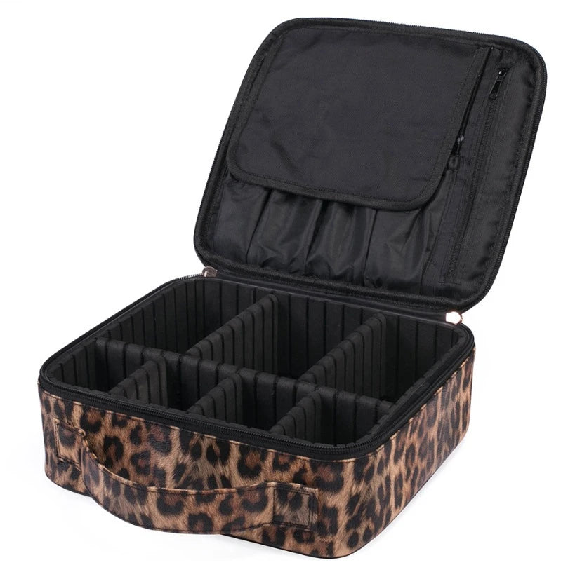 Leopard Print PU Leather Makeup Organizer Travel Cosmetic Bag Waterproof Zipper Beauty Storage Case Portable Makeup Box 25x23x9 cm