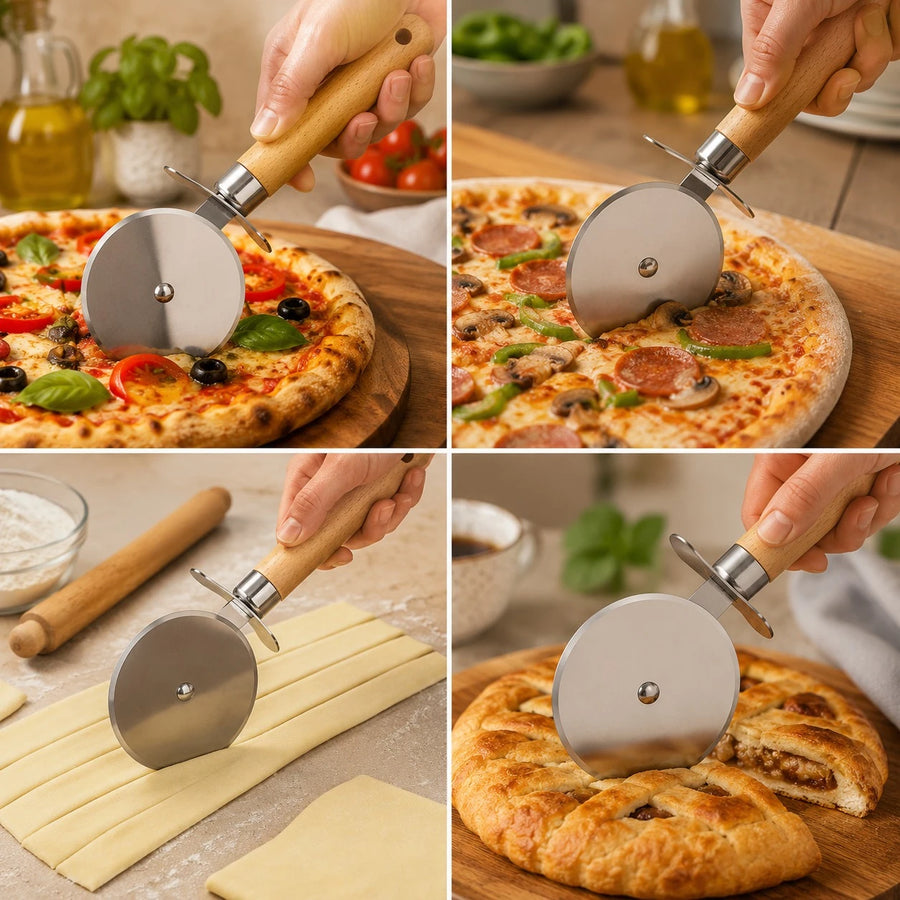 Adawat Stainless Steel Pizza Cutter Wooden Handle Pizza Wheel Cutter Pastry Cutter Kitchen Tool 7.5 cm 21 cm