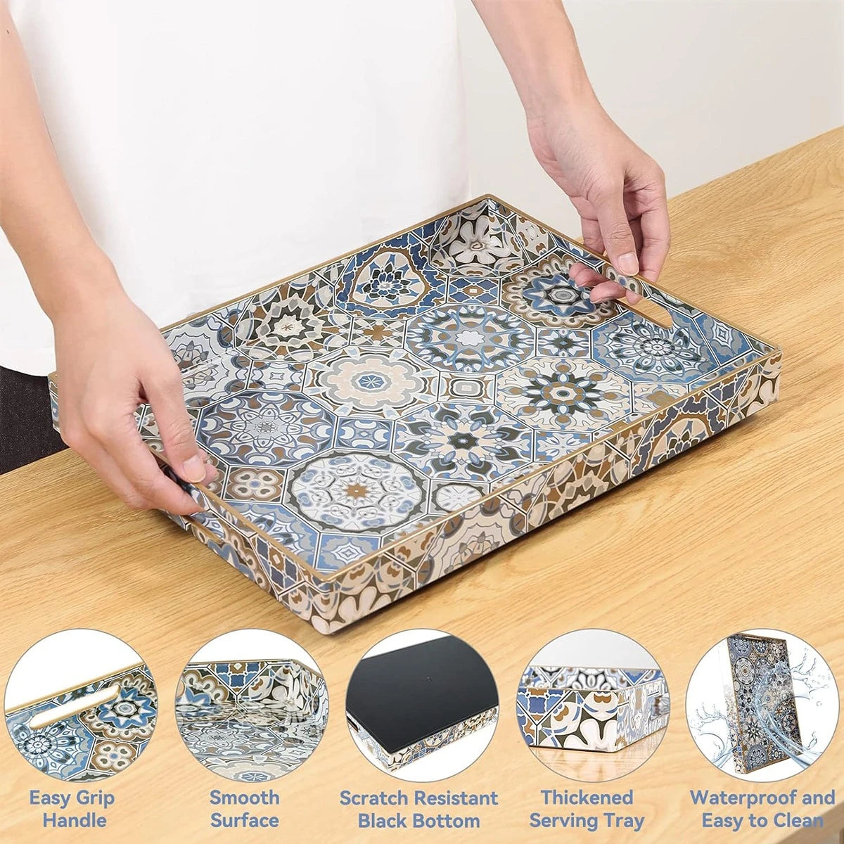 Arabesque Moroccan Tile Serving Tray Set 2 Pieces Rectangular Teal Gold Coffee Dining - Image 7