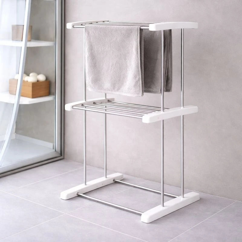 Double Tier Freestanding Bathroom Towel Rack Stand Stainless Steel Floor Towel Holder Space Saving Laundry Drying Rack