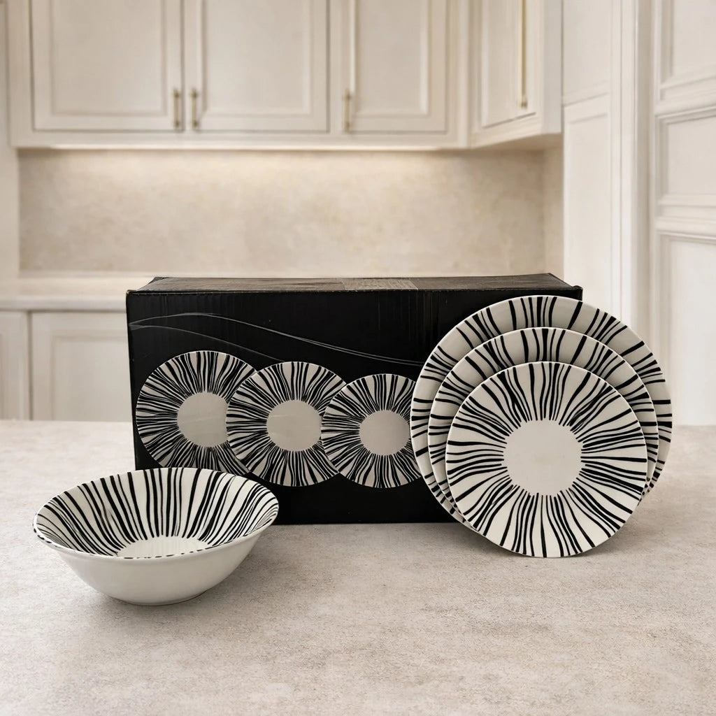 Dinnerware Set 30 Pieces Black White Radial Stripe Porcelain Soup Plates Salad Bowls Ramadan Tableware