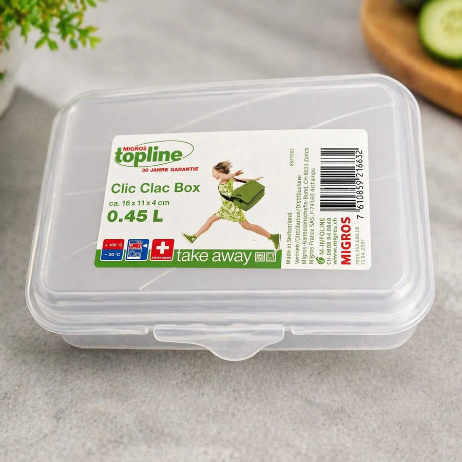 Migros Topline Clic Clac Food Storage Box 0.45L Swiss Made BPA Free Click Lock Freezer Safe Kitchen Storage 16 x 11 x 4 cm