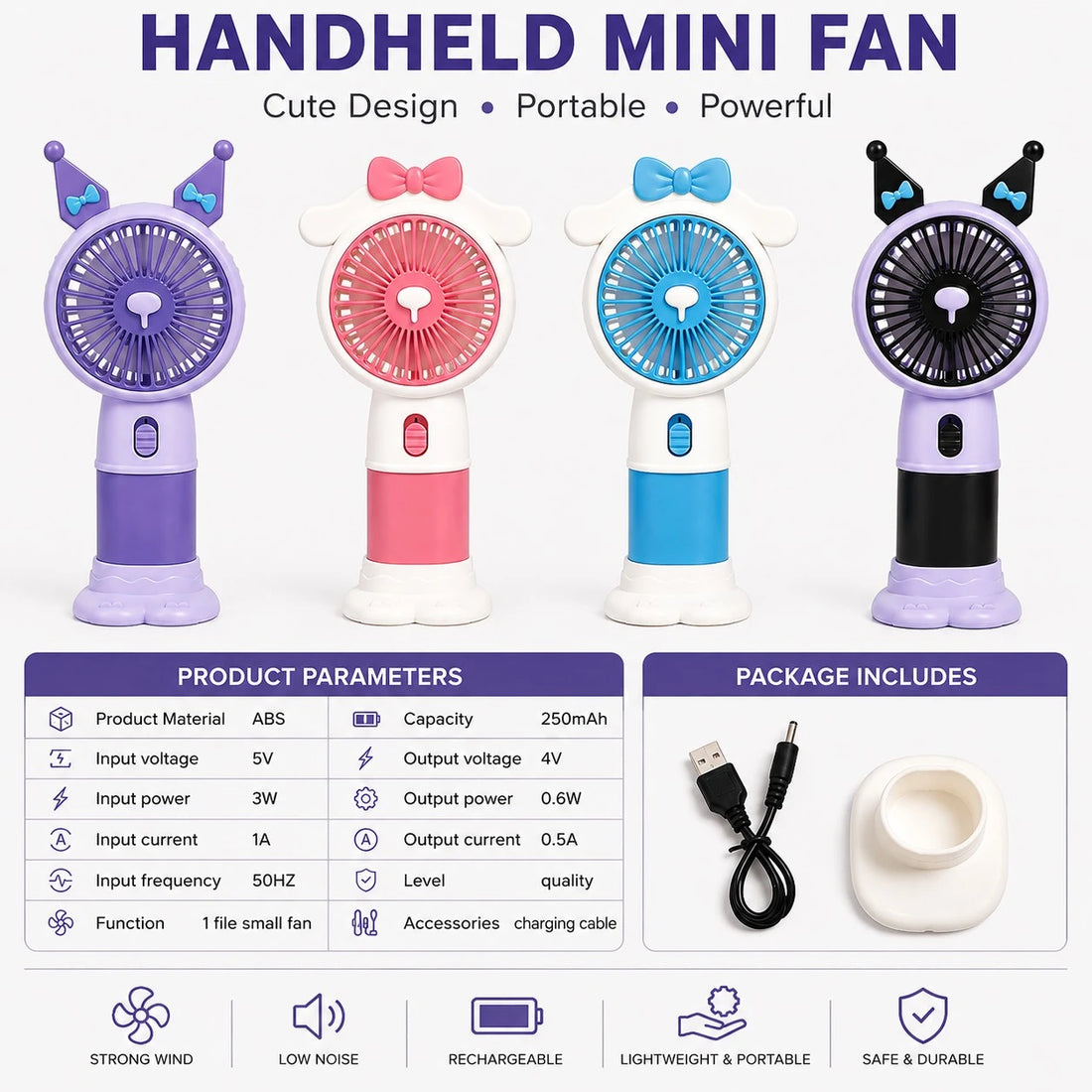 Handheld Mini Fan Portable Rechargeable USB Cooling Fan Cute Cartoon Desk Fan Travel Fan