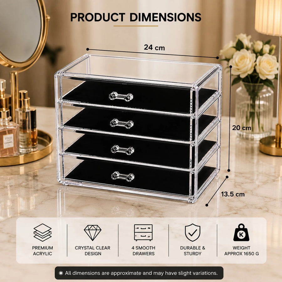 Transparent Acrylic 4 Drawers Jewelry Makeup Organizer Storage Vanity Display Organizer