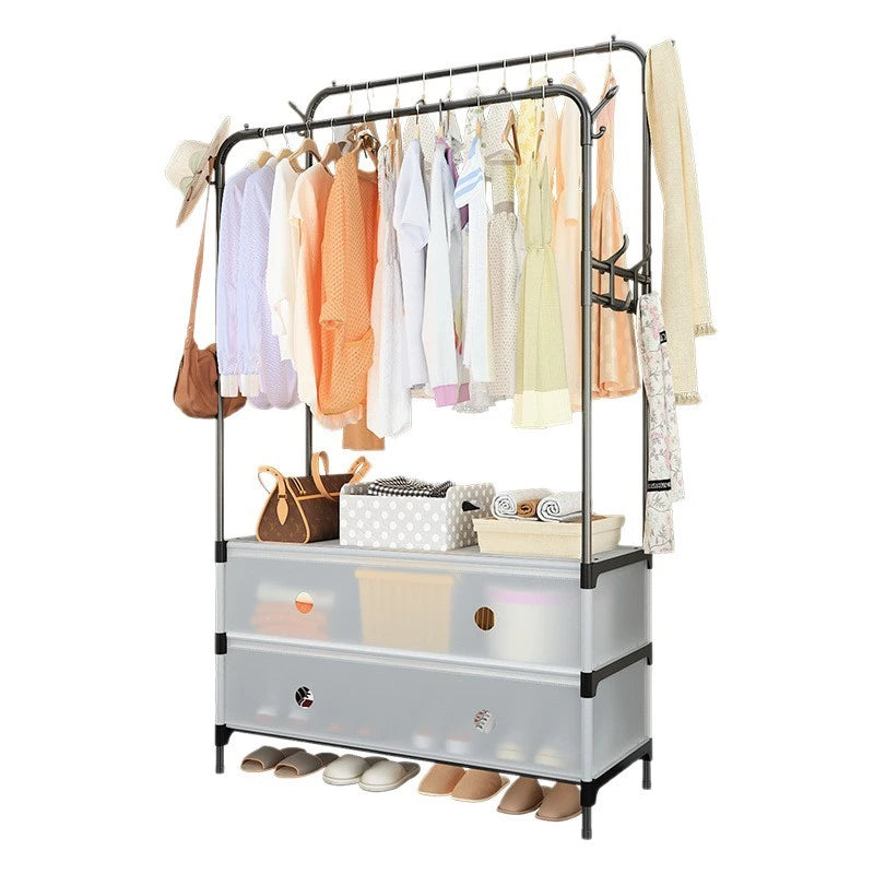 Double Clothes Rack with Storage Flip Covers Multifunctional Wardrobe Organizer & Shoe Cabinet