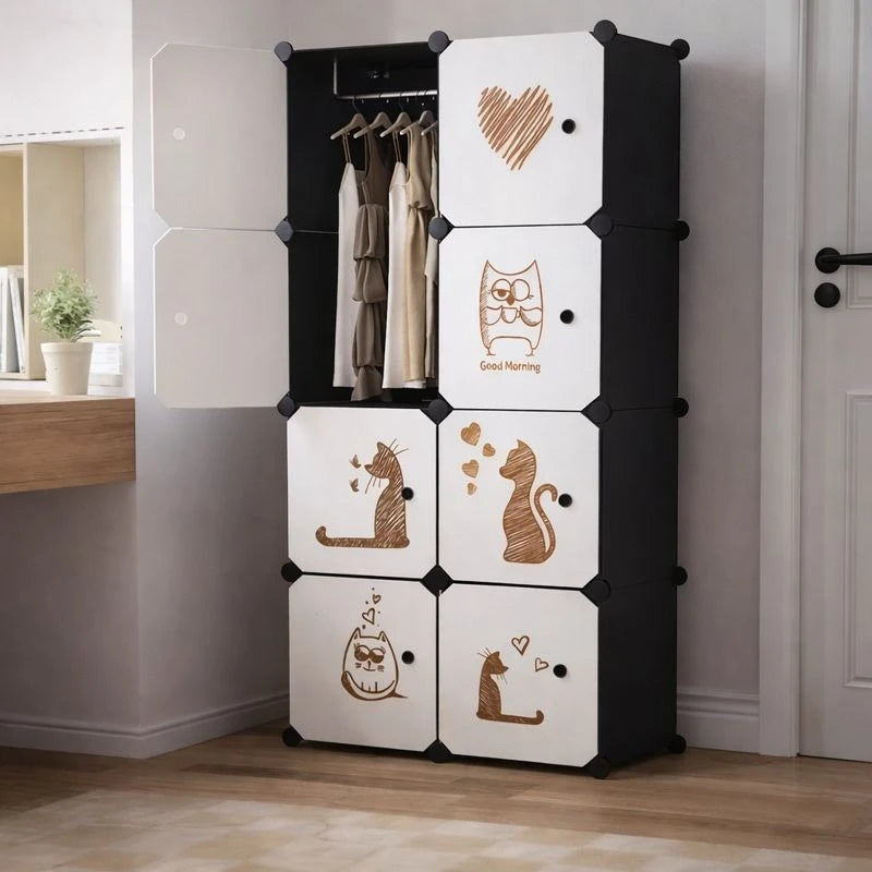 Modular 8 Cube Closet Wardrobe Storage Organizer Adjustable Plastic Clothes Cabinet Shoe Storage Unit with Hanging Rail
