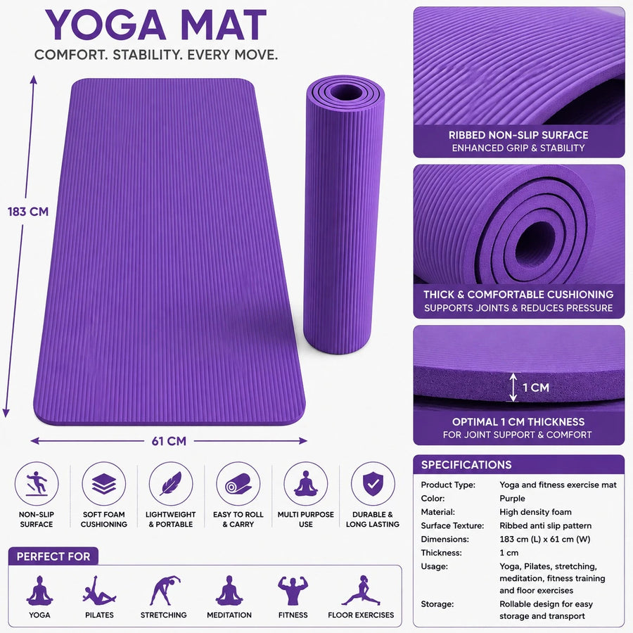 Ribbed Yoga Exercise Mat Non Slip Thick Foam Fitness Pilates Workout Mat