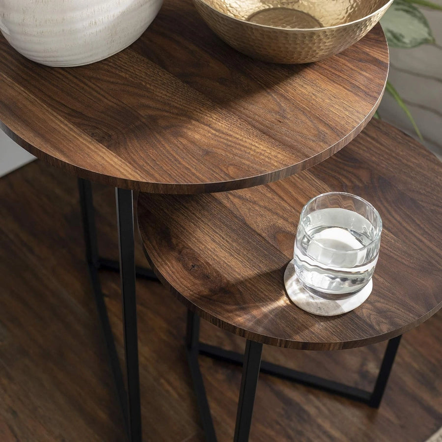 Dark Walnut Coffee Table Set of 3 Modern Round Metal Base Nesting Accent Tables Living Room Side Tables