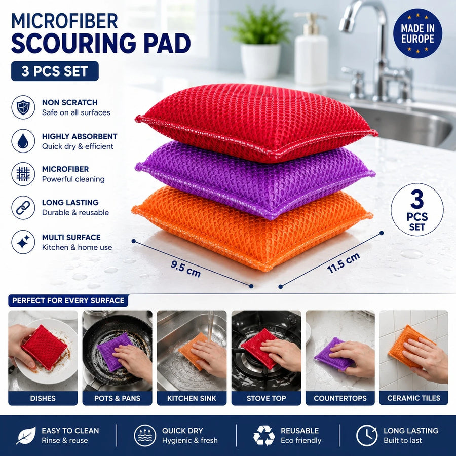 Britex Microfiber Scouring Pad Set Kitchen Cleaning Sponge Scrubber Pads Non Scratch Dishwashing Pads 3 Pieces Made In Europe