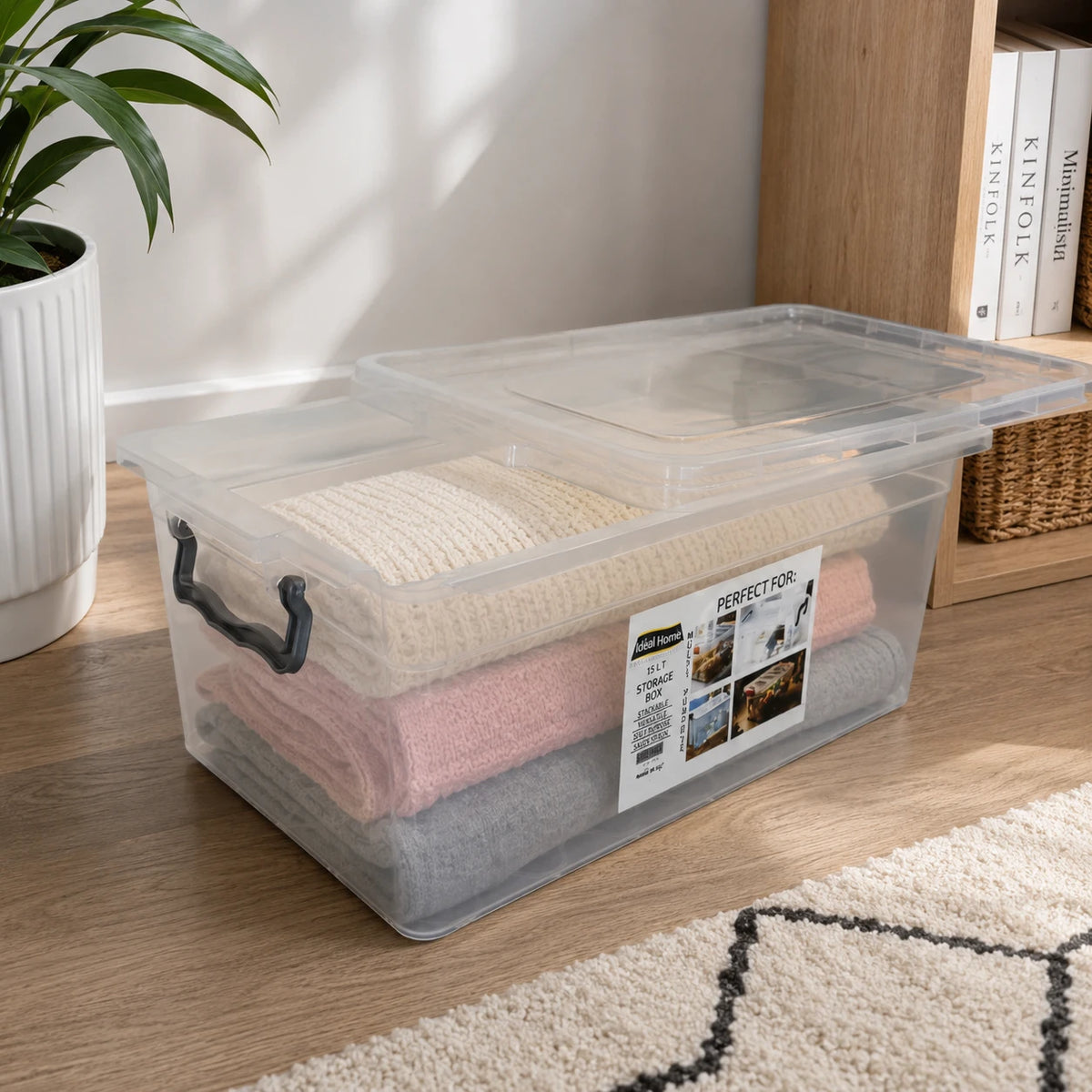 Clear Plastic Storage Box with Locking Lid 15L Stackable Storage Organizer