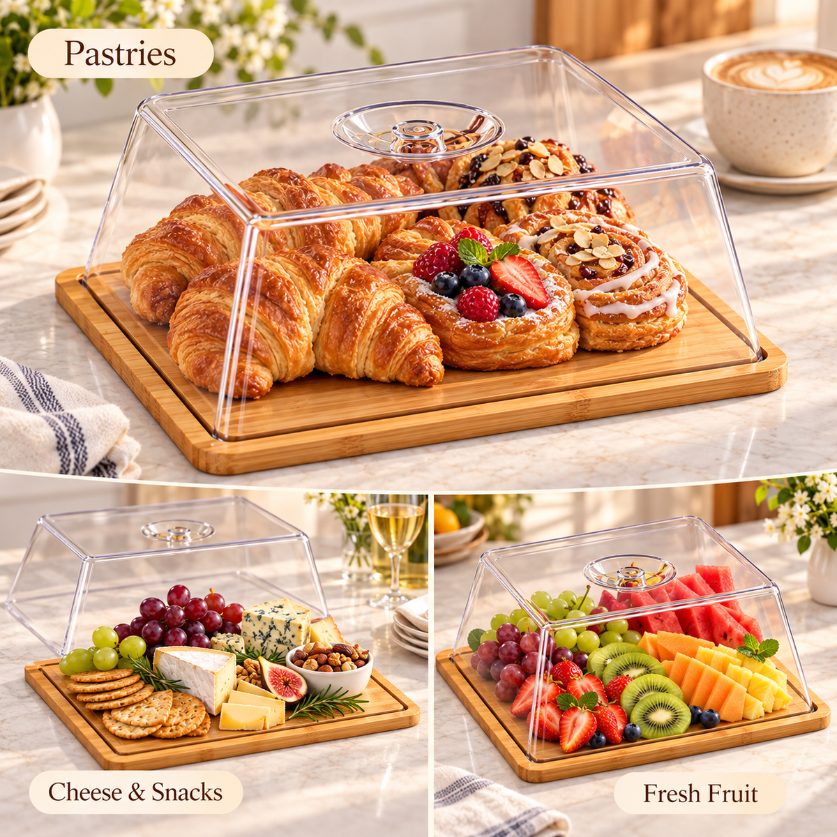 Bamboo Serving Tray with Transparent Food Cover