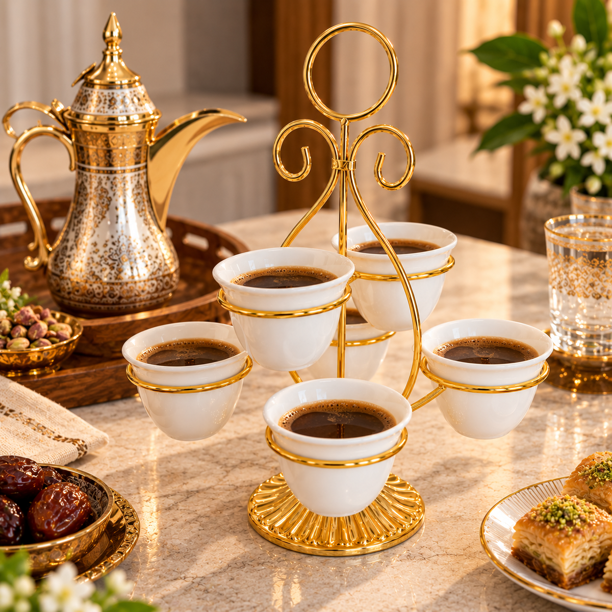 Elegant Gold Coffee Cup Serving Stand with 6 Removable Cups