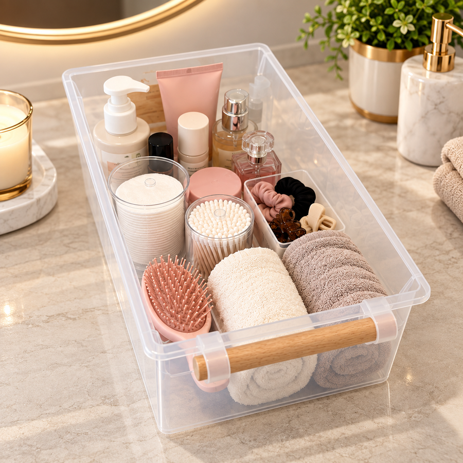 Clear Multipurpose Storage Organizer with Wooden Handle