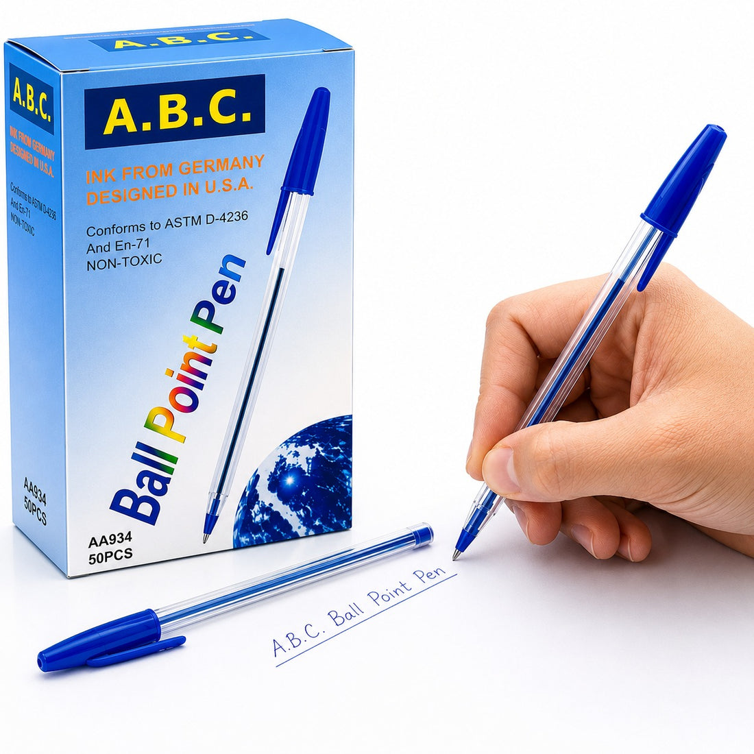 Blue Ball Point Pens Box of 50 Smooth Writing Non Toxic Pens for Office School Study and Everyday Writing