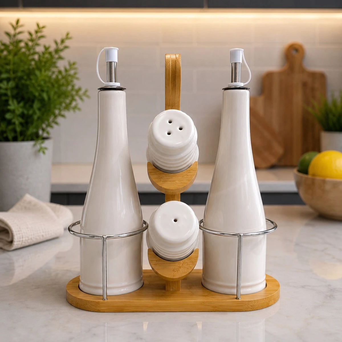 Ceramic Oil Vinegar Dispenser Set Salt Pepper Shakers Bamboo Holder Kitchen Condiment Organizer