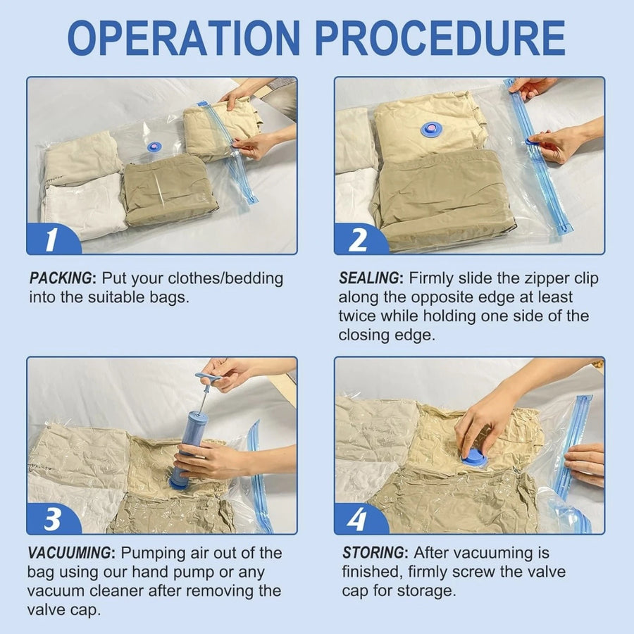 Vacuum Storage Bags Set with Hand Pump – Space Saving Compression Bags for Clothes, Bedding & Blankets, Extra Thick, 75% Volume Reduction