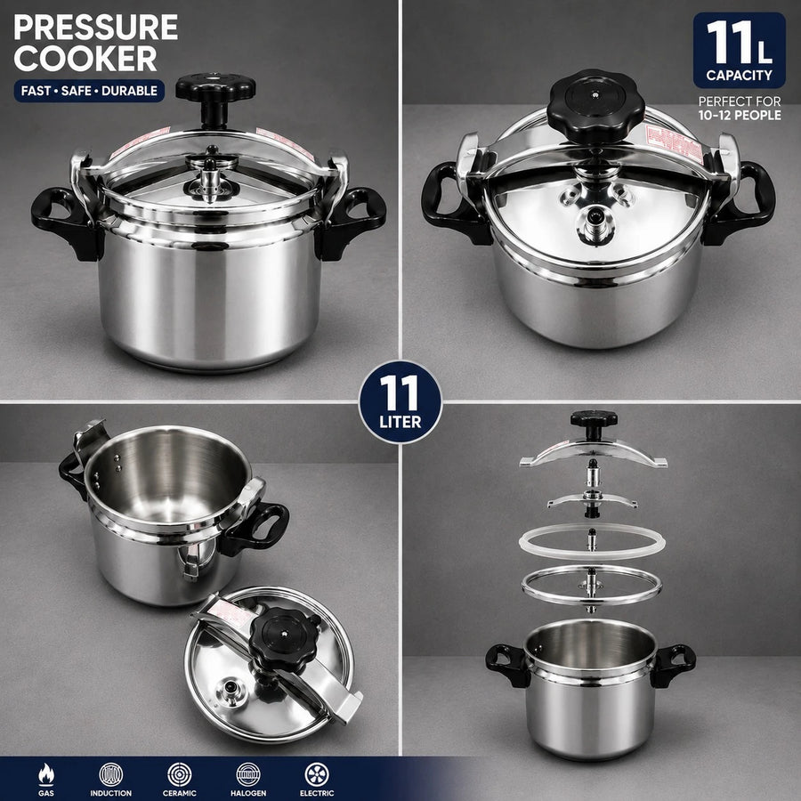 Pressure Cooker 11 Liter Stainless Steel Fast Cooking Pot Easy Opening Safety Valve Induction Gas Kitchen Cookware Heavy Duty Family Cooking Pot