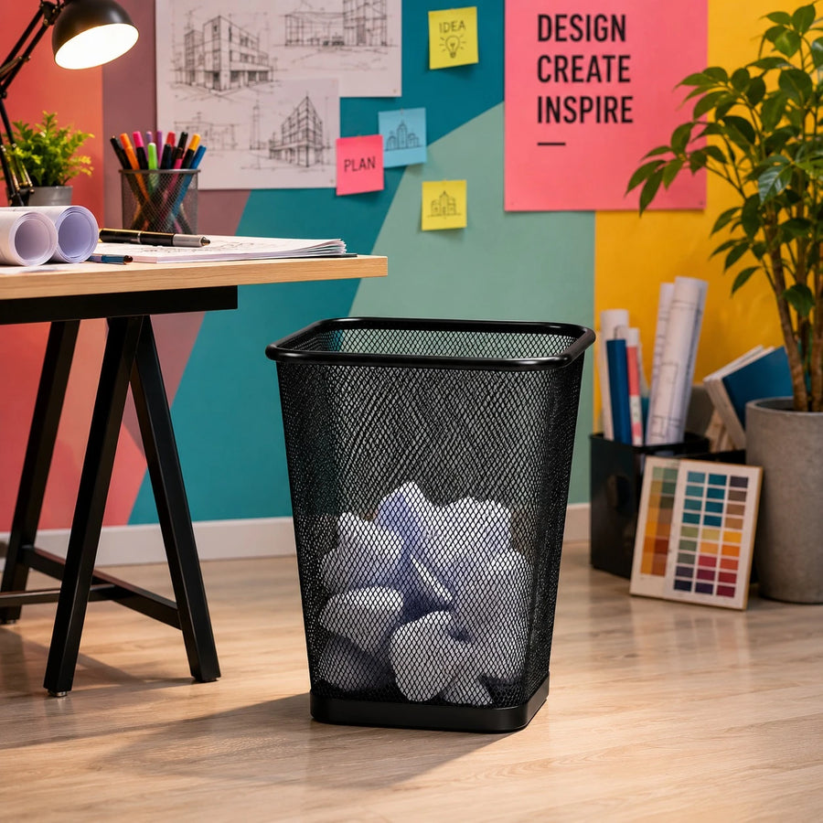 Black Metal Mesh Waste Basket Office Trash Bin Desktop Garbage Basket Home Office Organizer
