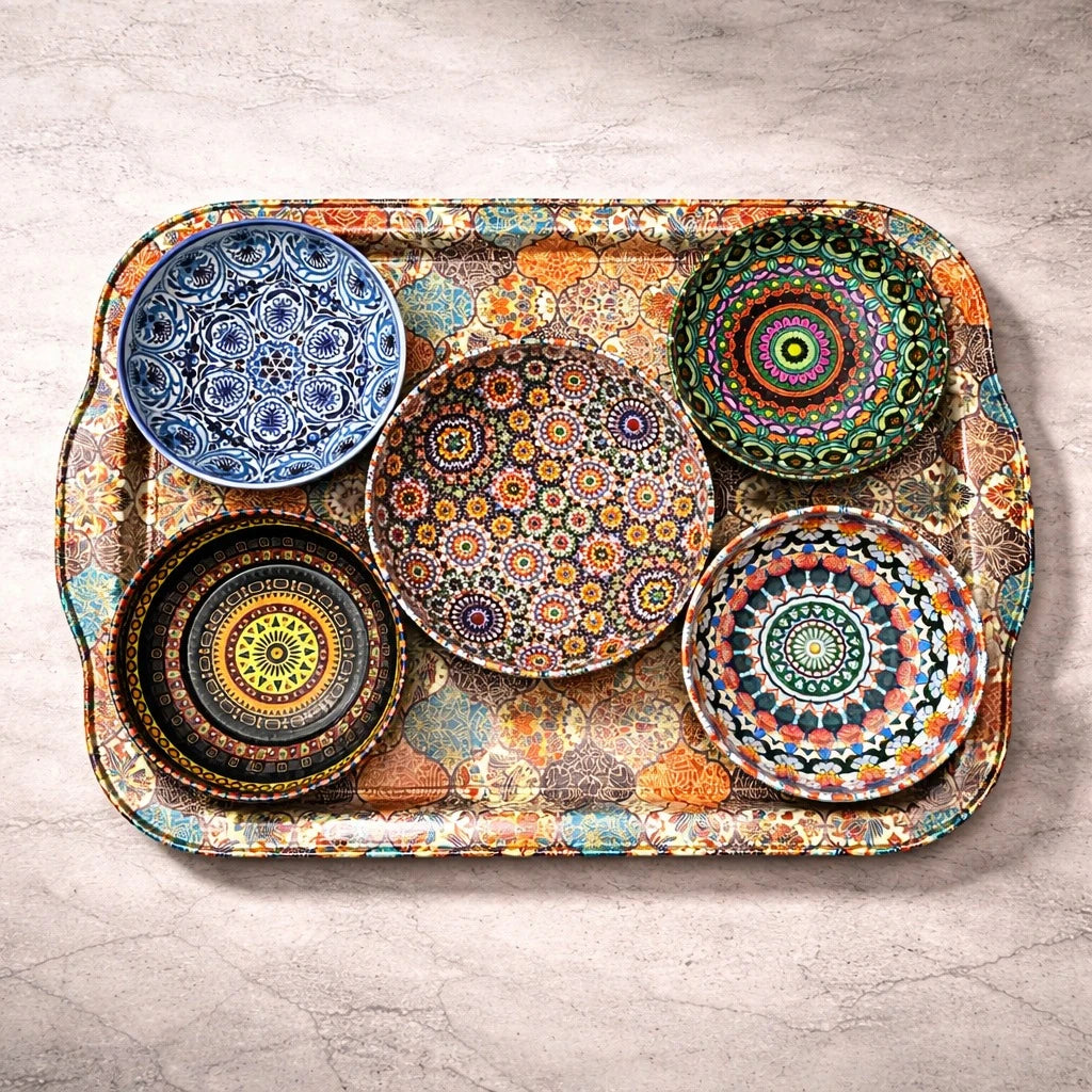 Turkish Serving Tray Set Metal Tray Ottoman Mosaic Mandala Design Coffee Tea Snack Set With 4 Bowls Decorative Serving Tray