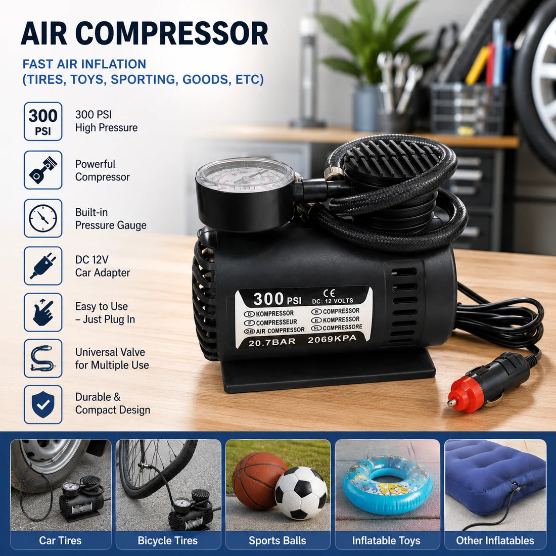 Portable 300 PSI DC 12V Air Compressor Tire Inflator Pump with Pressure Gauge
