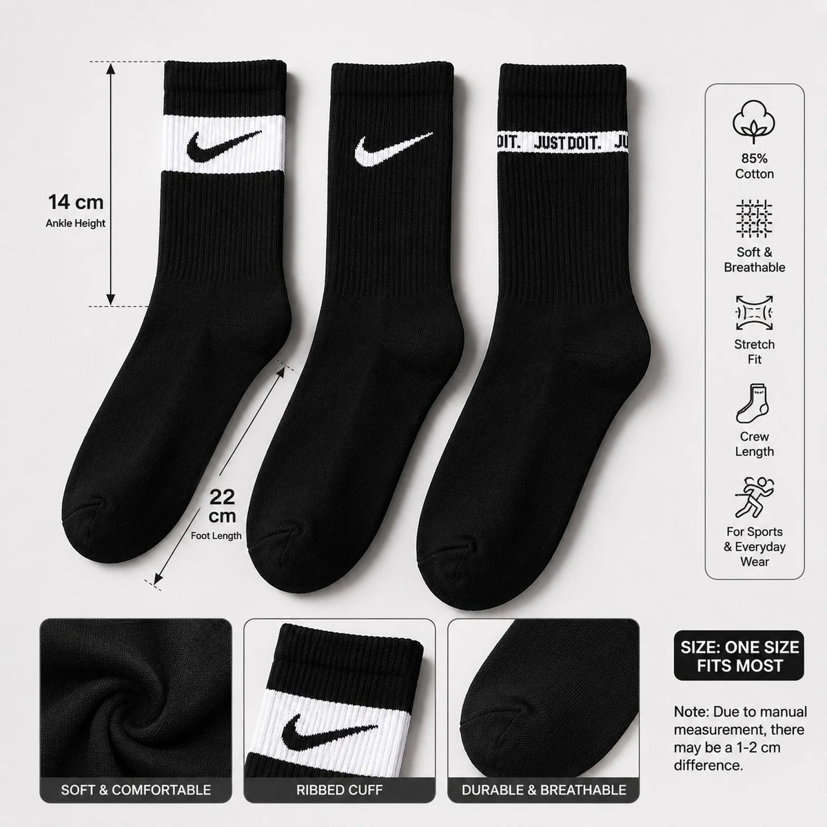Nike Style Cotton Crew Socks 1 Pair for Men & Women | Black & White Sports Casual Everyday Socks - Image 4