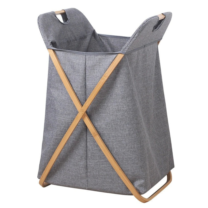 Foldable Bamboo Laundry Basket with Fabric Storage Hamper Handles and Space Saving Design