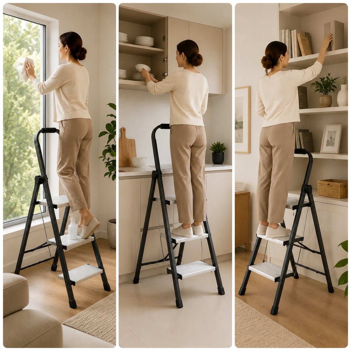 Ladder Aluminium Three Step Folding Ladder Heavy Duty Steel Step Stool Anti Slip Portable Home Ladder