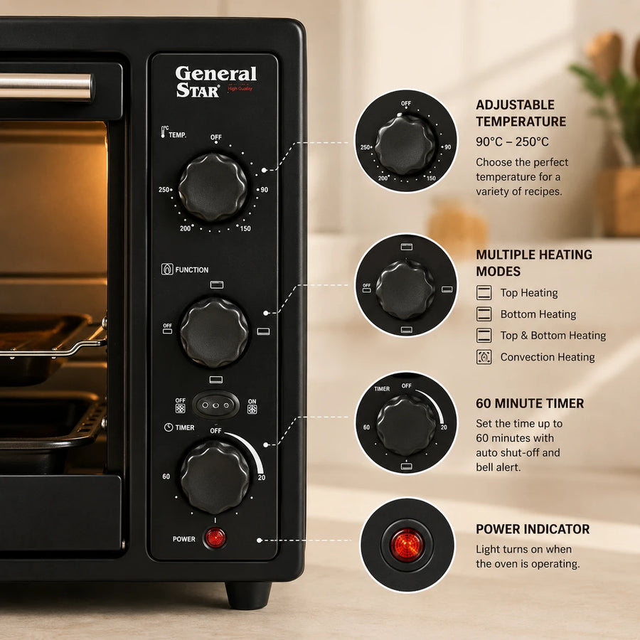 Electric Oven General Star Countertop Toaster Oven Baking Oven Multi Function Compact Kitchen Oven Adjustable Temperature Timer Oven