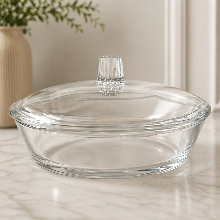 Clear Glass Casserole Dish with Lid Round Heat Resistant Serving Bowl Chocolate Candy Storage Container Kitchen Bakeware 22 cm 9 inch