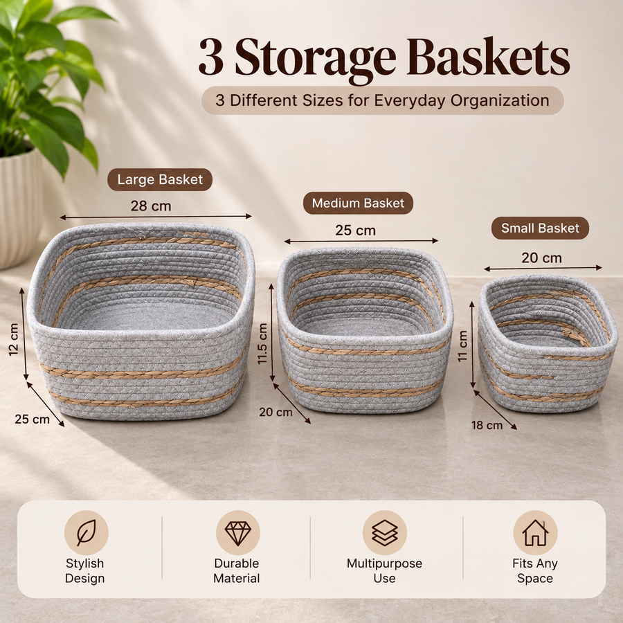 3 Piece Woven Storage Basket Set