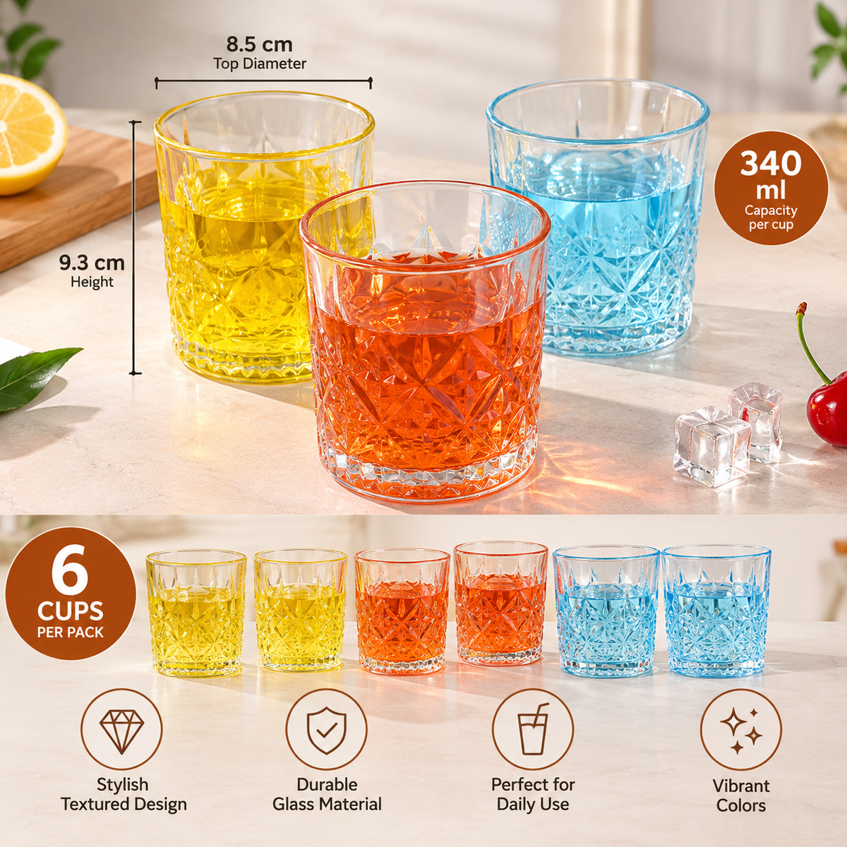 Diamond Cut Textured Drinking Glass Cups Set of 6