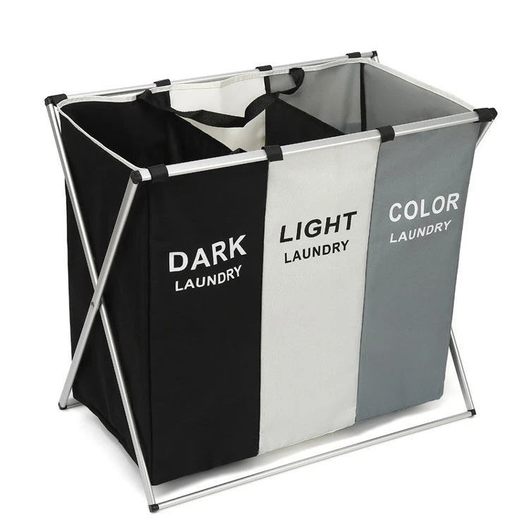 Triple Compartment Dark Light Color Laundry Basket Foldable Oxford Cloth Clothes Hamper Organizer
