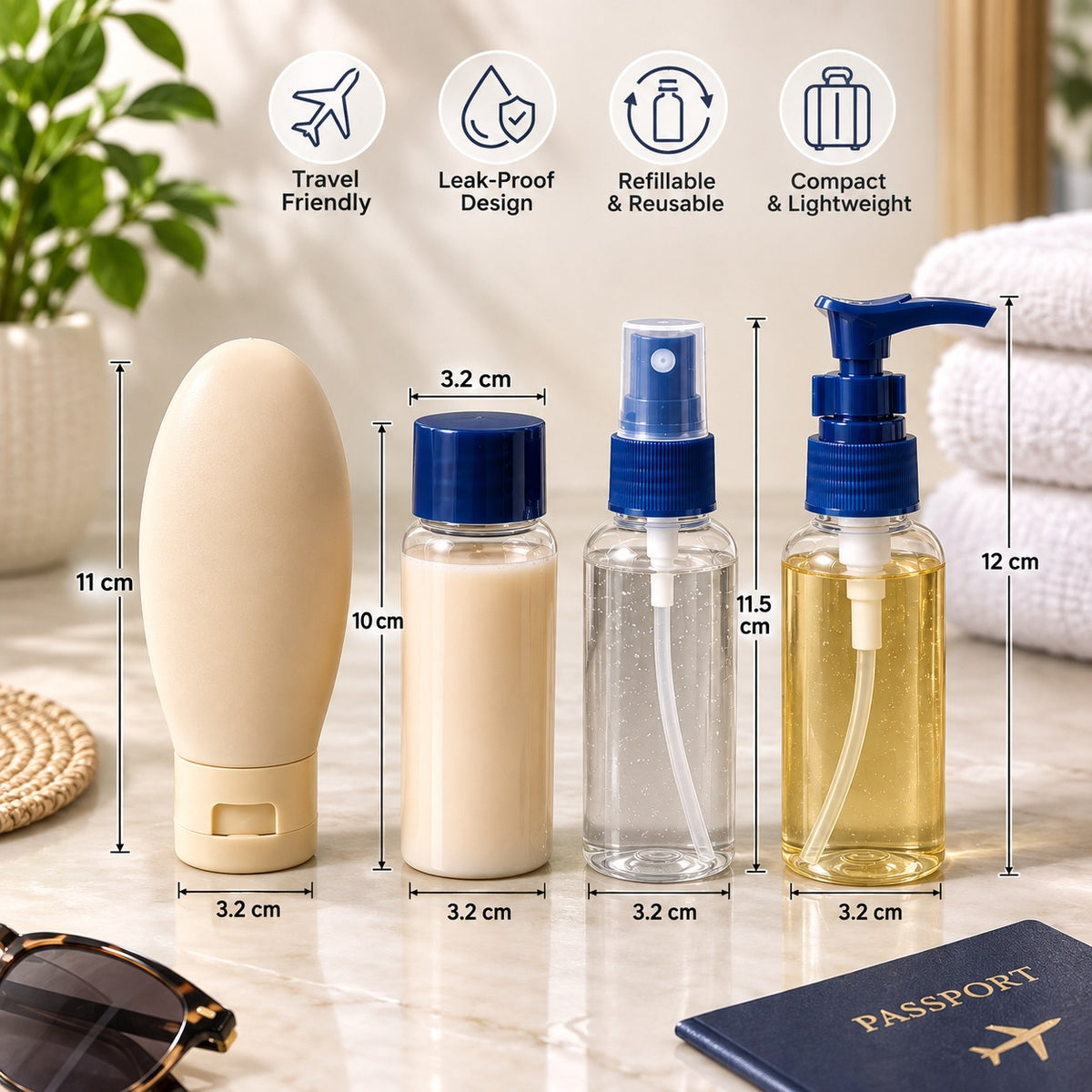 4 Piece Refillable Travel Toiletry Bottle Set with Clear Pouch – navy