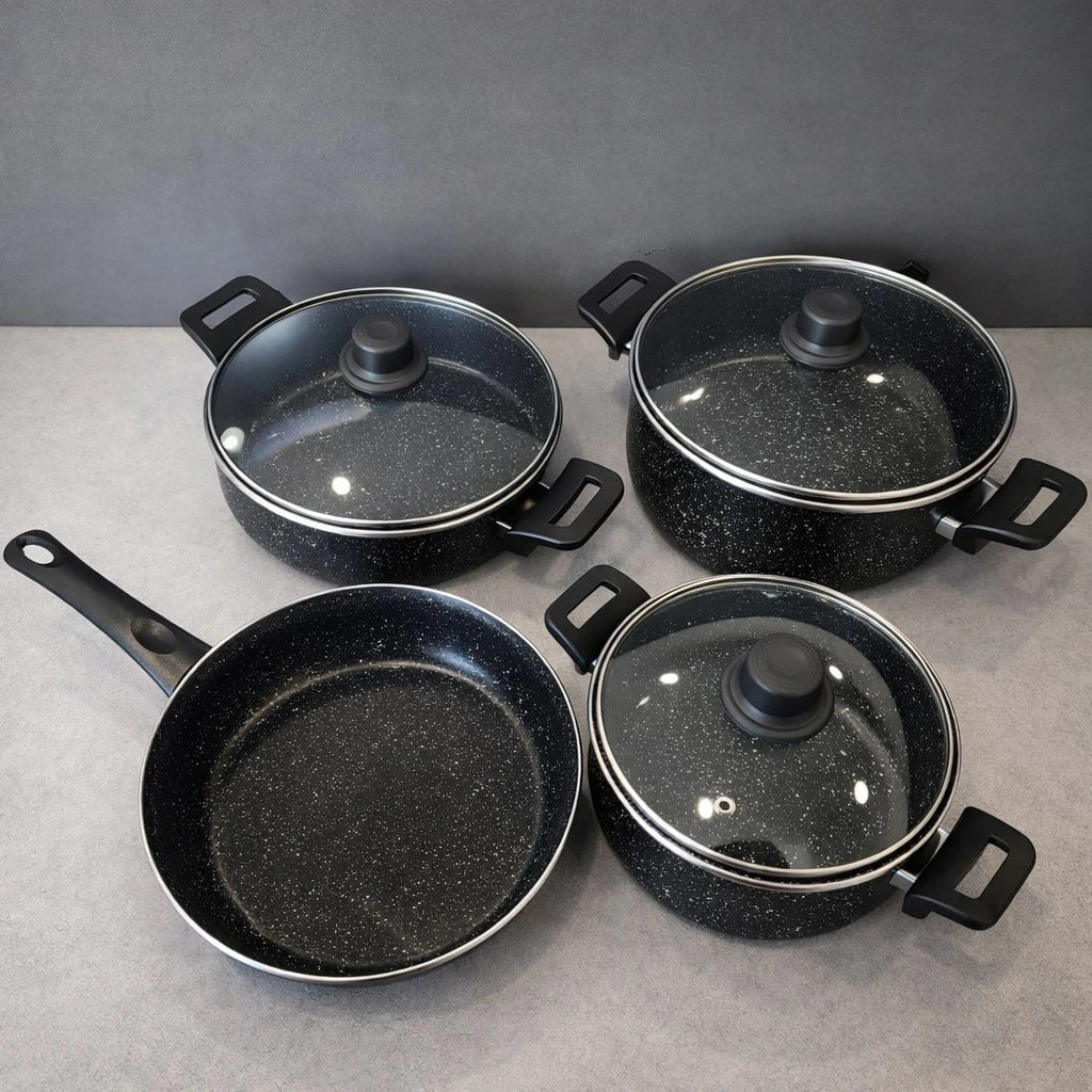 Cookware Set Granite Non Stick Pots Pans Black Speckled Glass Lid Turkish Made 7 Pieces