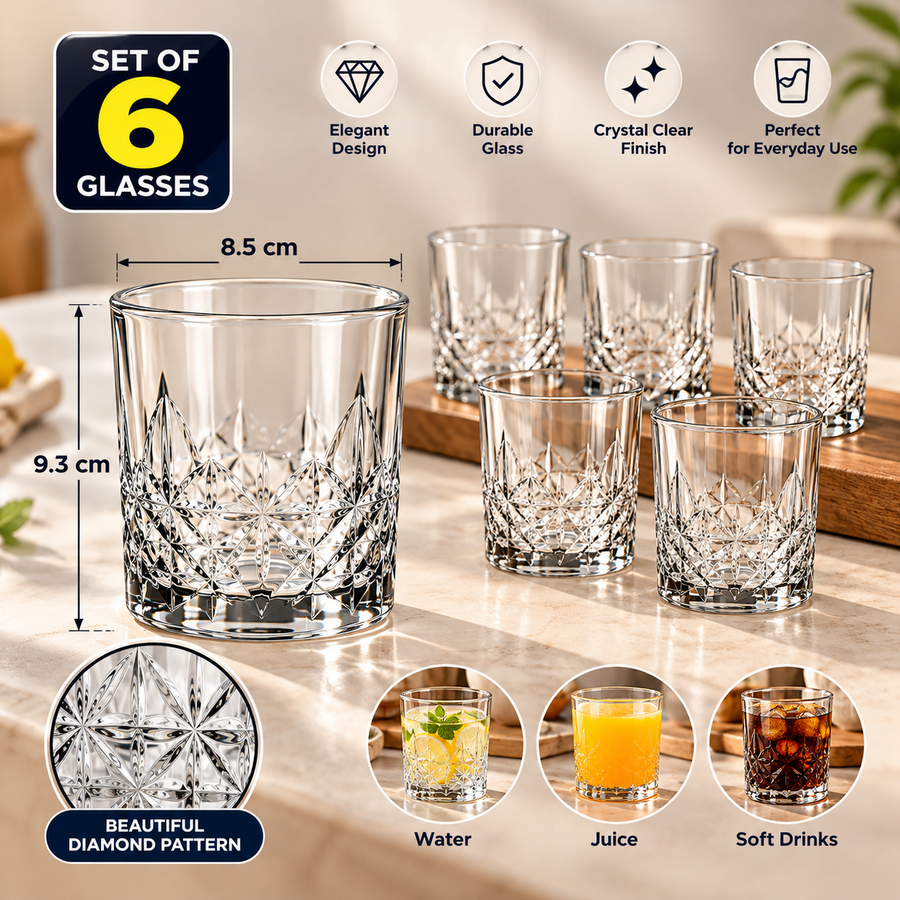 Diamond Pattern Crystal Clear Drinking Glasses Set of 6