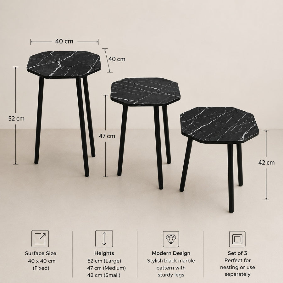 3 Piece Nesting Side Table Set with Wooden Top Aluminum Legs Modern Living Room Coffee Tables