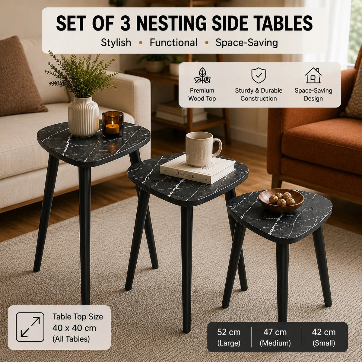 Nesting Side Tables Set of 3 Modern Marble Look Side Tables Coffee Tables End Tables with Wooden Legs