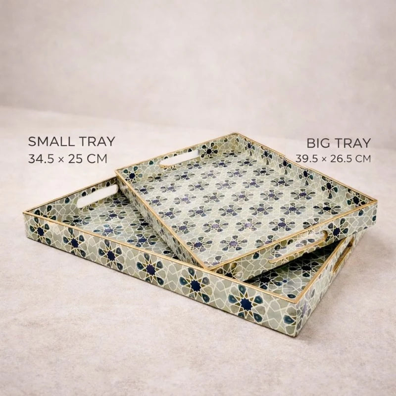 Arabesque Decorative Rectangular Serving Tray Set 2 Pieces Teal Gold Coffee Dessert Hosting