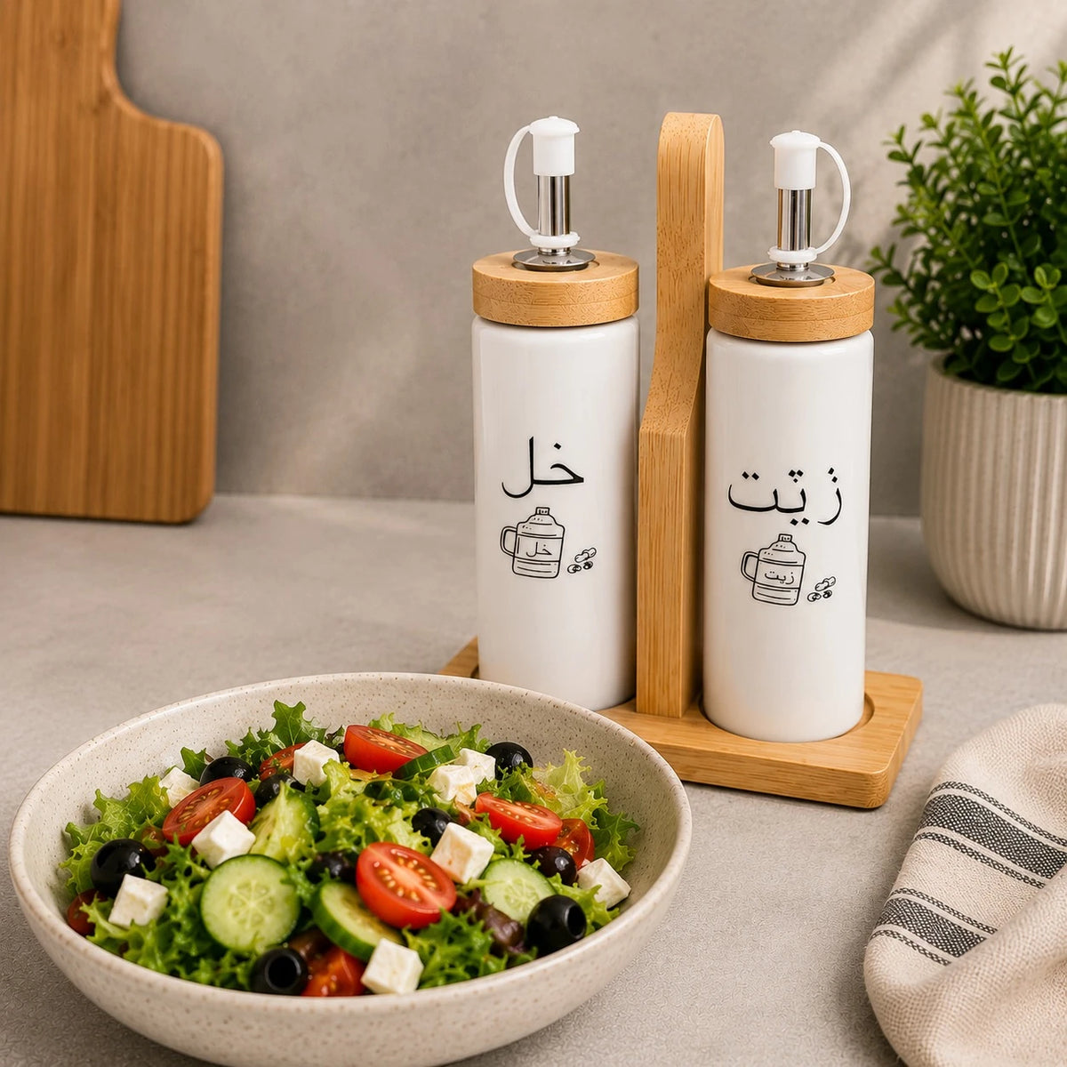 Porcelain Oil And Vinegar Dispenser Set Kitchen Cruet Bottles Condiment Container With Bamboo Holder And Filling Funnel
