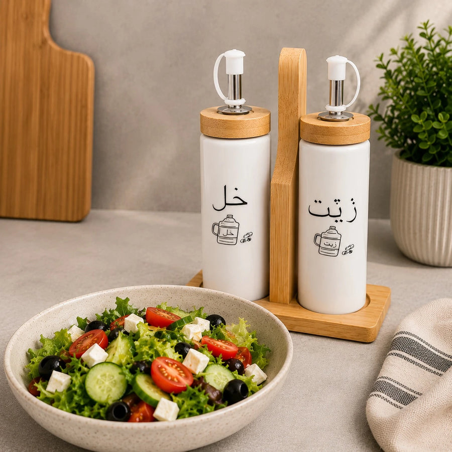Porcelain Oil And Vinegar Dispenser Set Kitchen Cruet Bottles Condiment Container With Bamboo Holder And Filling Funnel