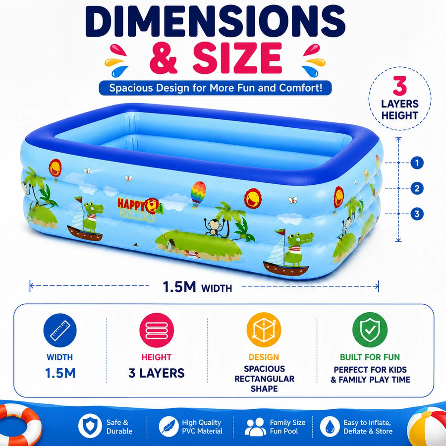 Kids Inflatable Family Swimming Pool 3-Layer PVC Rectangular Pool 1.5M