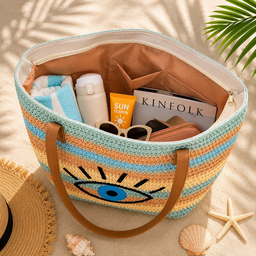 Summer Beach Bag Woven Tote Bag Evil Eye Straw Handbag Vacation Shoulder Bag