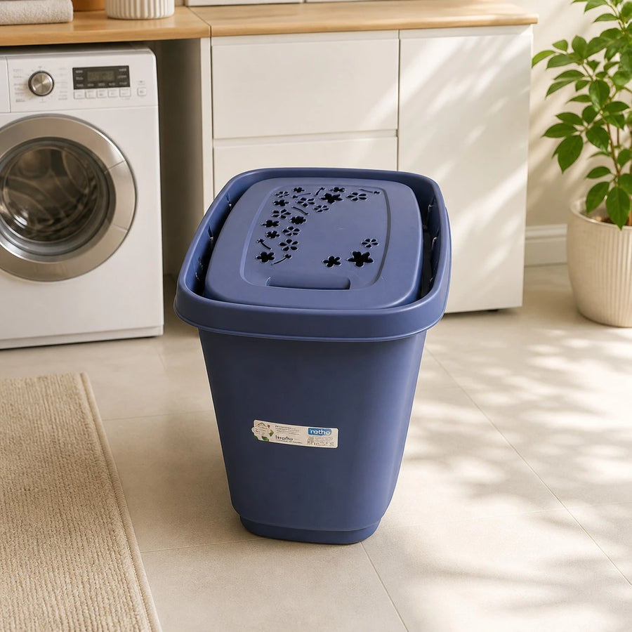 Rotho Wash With Joy Laundry Basket 55L Clothes Hamper Plastic Laundry Bin Storage Basket Ventilated Lid Dirty Clothes Organizer Swiss Design
