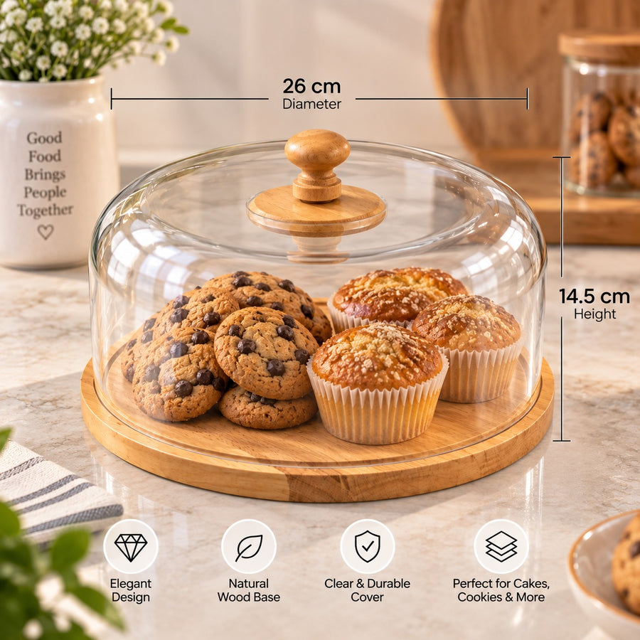 Round Cake & Cheese Serving Board with Clear Acrylic Dome and Rubber Wood Base 26 cm