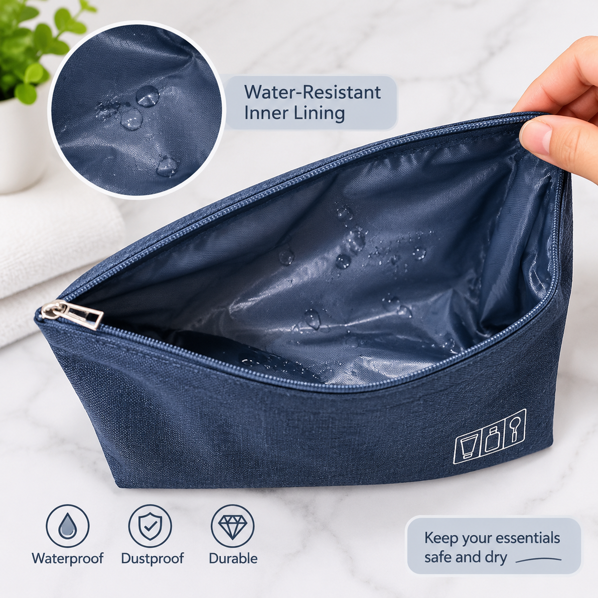 Water Resistant Cotton Linen Toiletry Pouch with Zipper