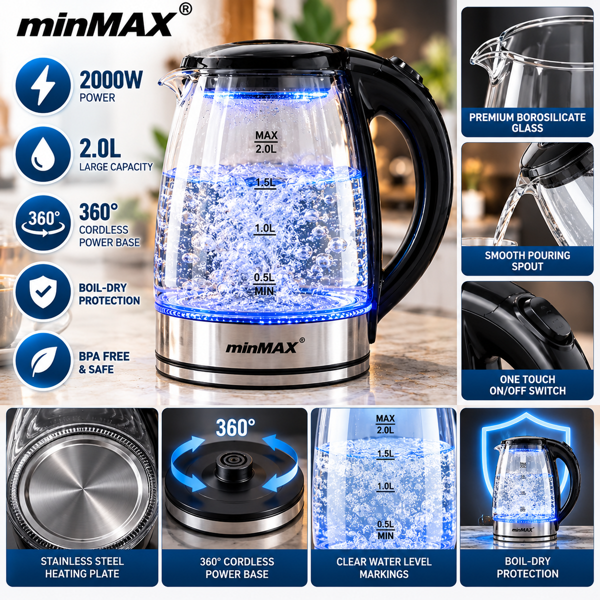 MINMAX 2L Electric Glass Kettle 2000W