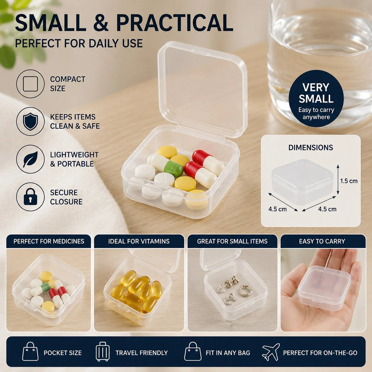 Small Square Mini Storage Box Organizer Transparent Portable Case Tiny Plastic Container Jewelry Pill Box Beads Box SIM Card Storage