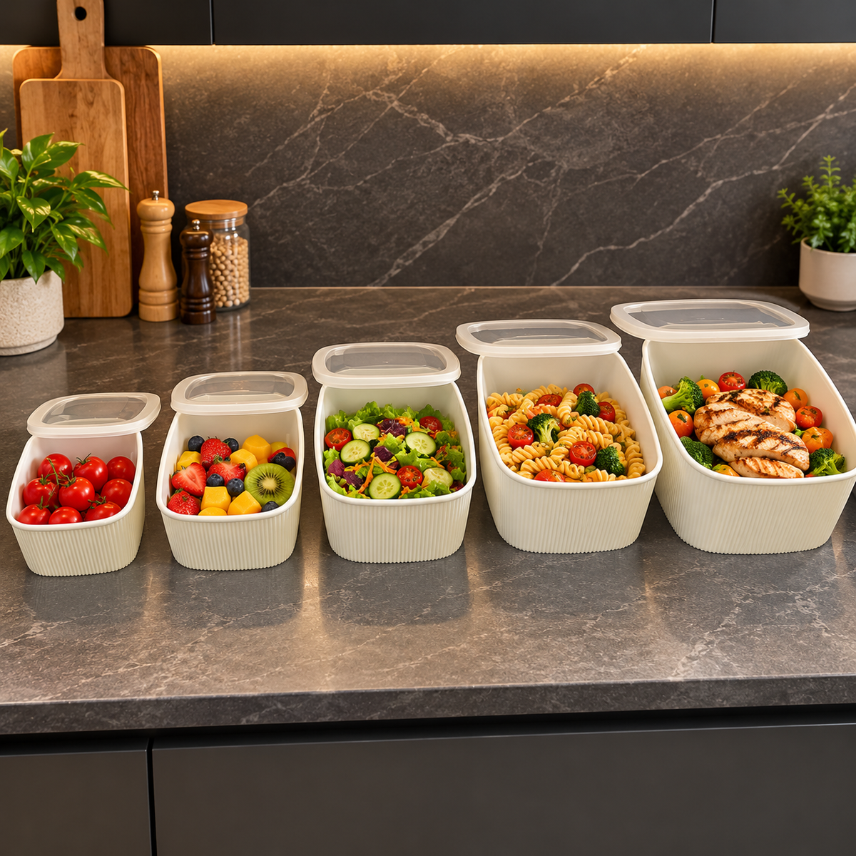 5 Piece Kitchen Food Storage Container Set with Translucent Lids